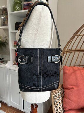 Coach Signature Shoulder Bag | Black Monogram Canvas Leather Buckle Accent